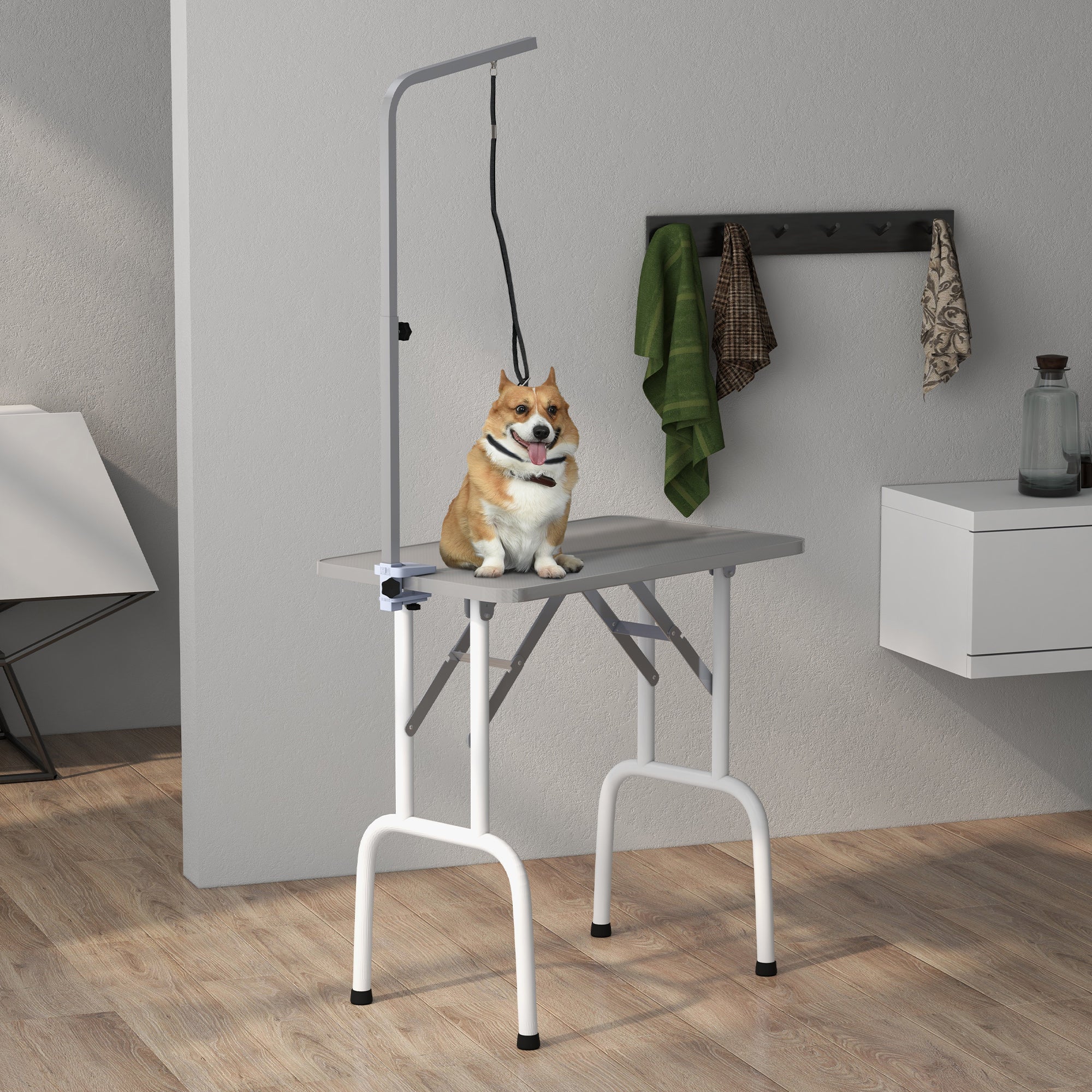 PawHut Foldable Pet Grooming Table for Dogs Cats with Adjustable Arm, Non-slip Surface, Grey