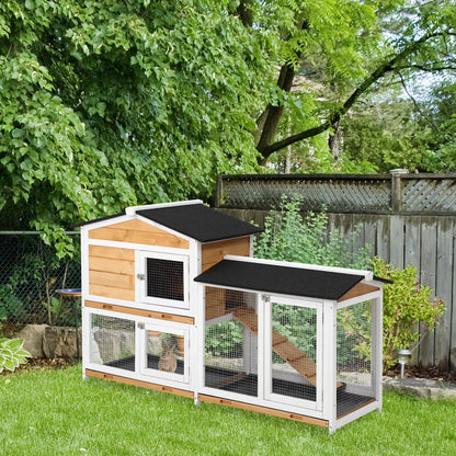 PawHut 2-tier Wood Rabbit Hutch Backyard Bunny Cage Small Animal House w/ Ramp and Outdoor Run, Yellow