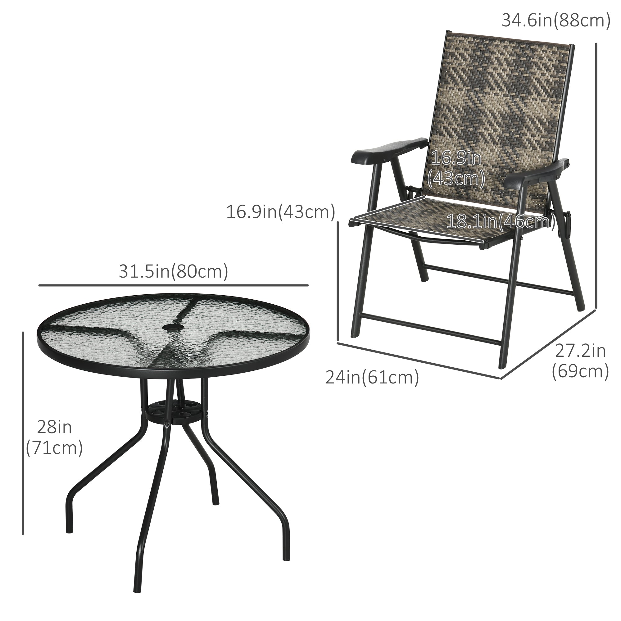 Outsunny 5 Pieces Wicker Patio Dining Set Outdoor Furniture Set, Glass Top Dining Table with Umbrella Hole, 4 Folding Armchairs, PE Rattan Conversation Set for Garden, Mixed Grey