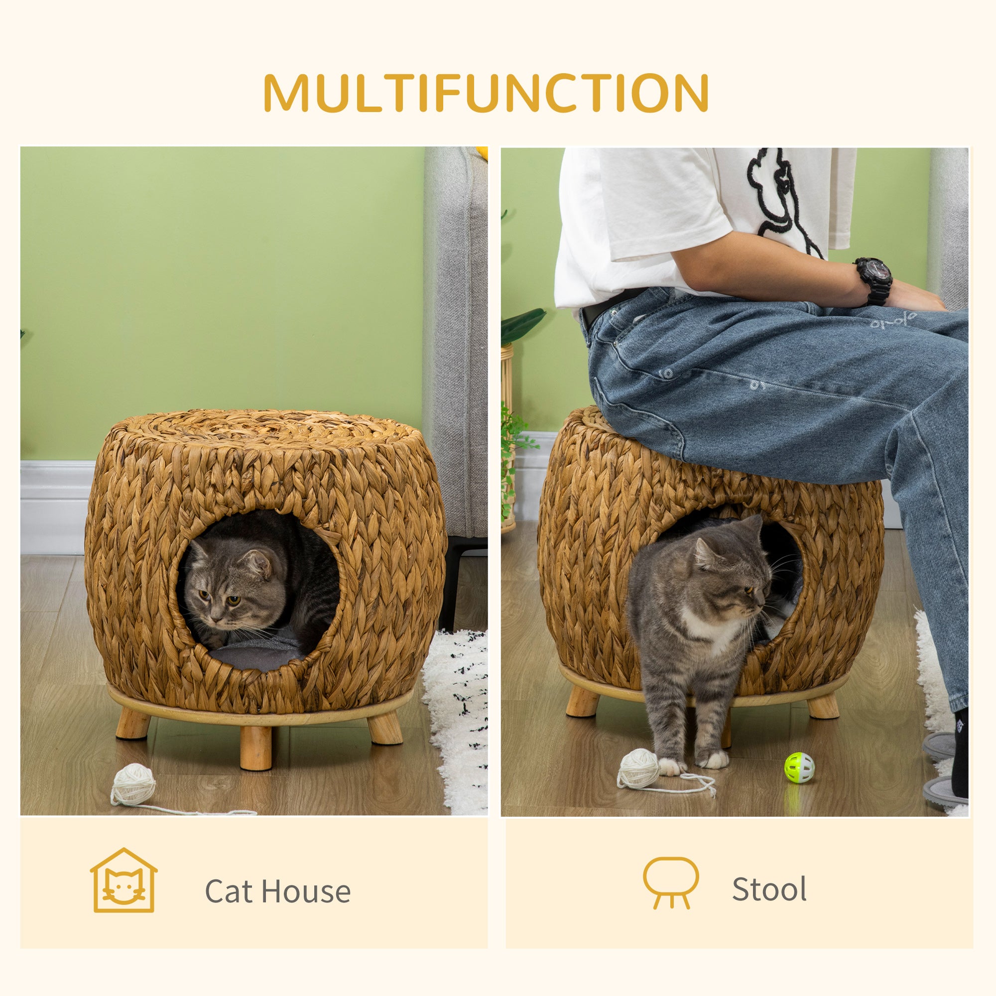PawHut Wicker Cat Bed with Washable Cushion, Elevated Rattan Kitten Bed for Indoor Cats, Light Brown