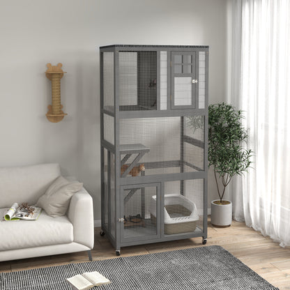 PawHut 74" Wooden Outdoor Cat House Weatherproof & Wheeled with High Weight Capacity, Kitten Cage Condo, Light Grey
