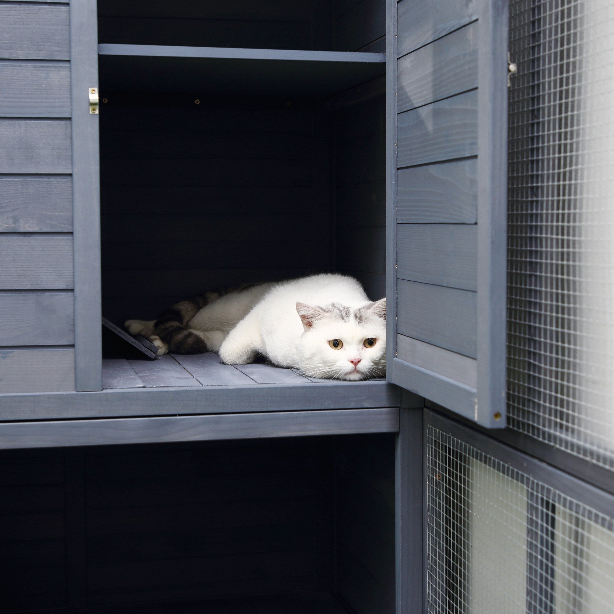 PawHut Outdoor Wooden Catio with 4 Tier Main House, Ramp, Platforms, Asphalt Roof, Ramps, Sliding Door, Window, Grey