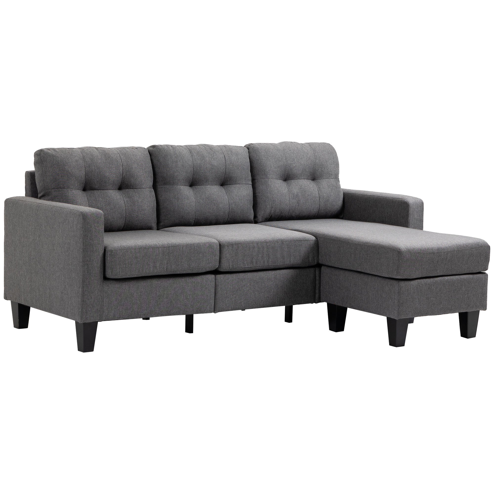 HOMCOM L-shaped Sofa, 3 Seater Couch with Ottoman, Corner Sofa with Thick Padded Cushion and Wood Legs, Dark Grey