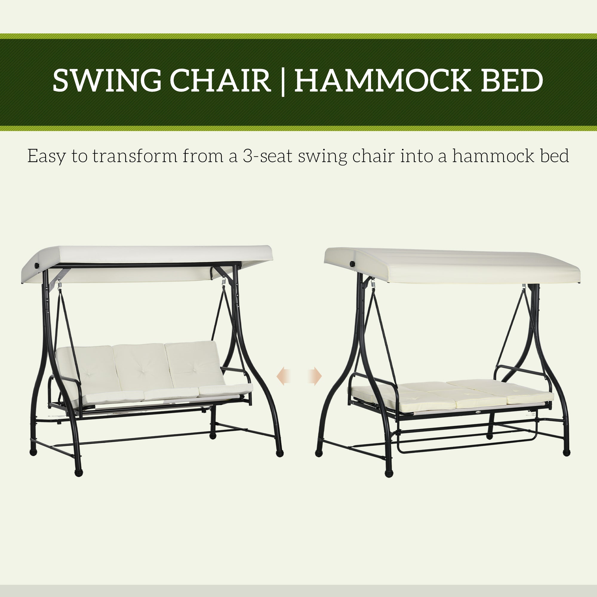 Outsunny Convertible Patio Swing Bed with Canopy and Cushions, 3 Seater Porch Swing for Outdoor, Backyard, Garden, Cream White