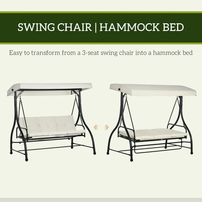 Outsunny Convertible Patio Swing Bed with Canopy and Cushions, 3 Seater Porch Swing for Outdoor, Backyard, Garden, Cream White