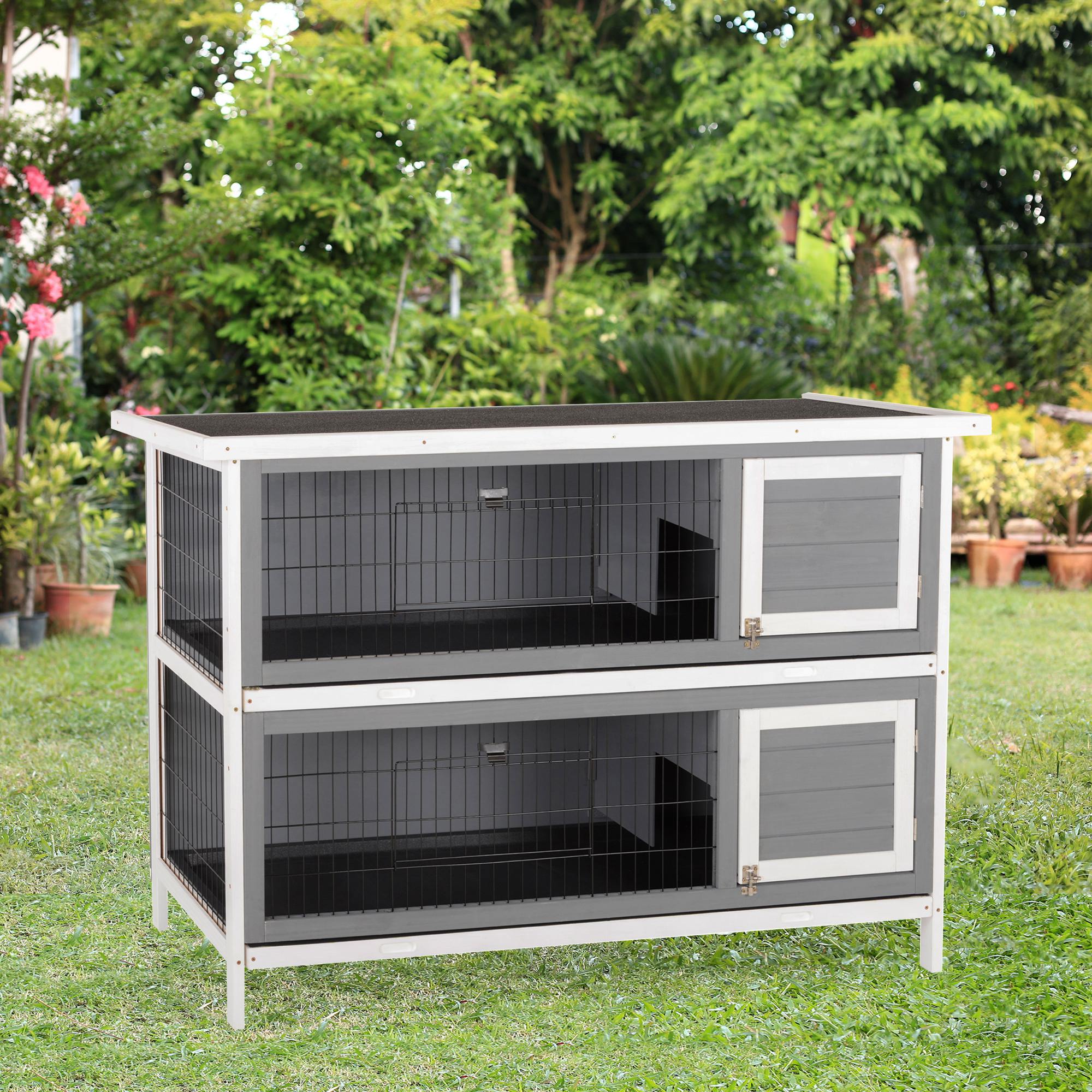 PawHut 2 Tier Wooden Rabbit Hutch Bunny Pet House Wooden Coop Run, Grey