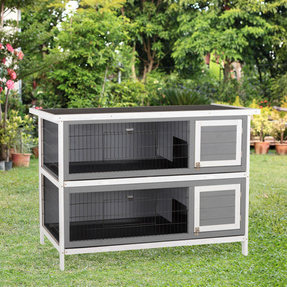 PawHut 2 Tier Wooden Rabbit Hutch Bunny Pet House Wooden Coop Run, Grey