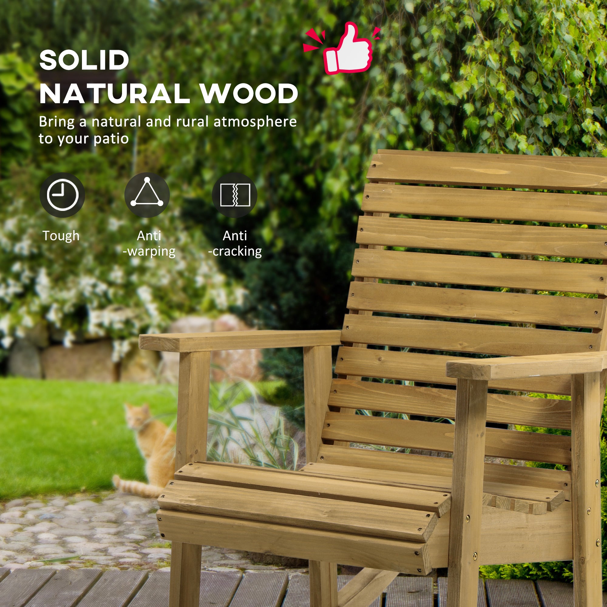 Outsunny Wooden Outdoor Rocking Chair, Patio Traditional Rocking Chair, Slatted Structure Porch Rocker w/ Armrest for Both Outdoor and Indoor, Light Brown