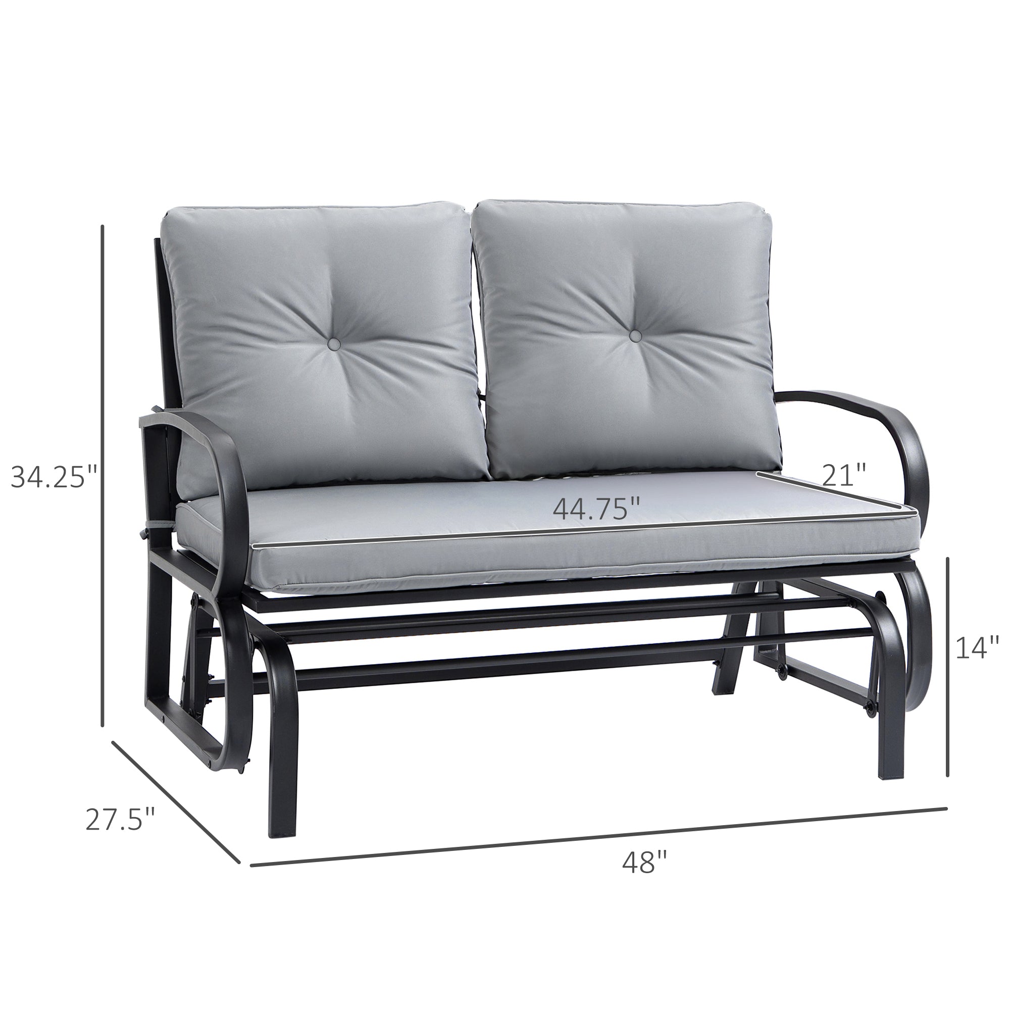 Outsunny 2-Person Outdoor Glider Chair, Patio Double Rocking Loveseat with Steel Frame and Cushions for Backyard, Garden and Porch, Grey