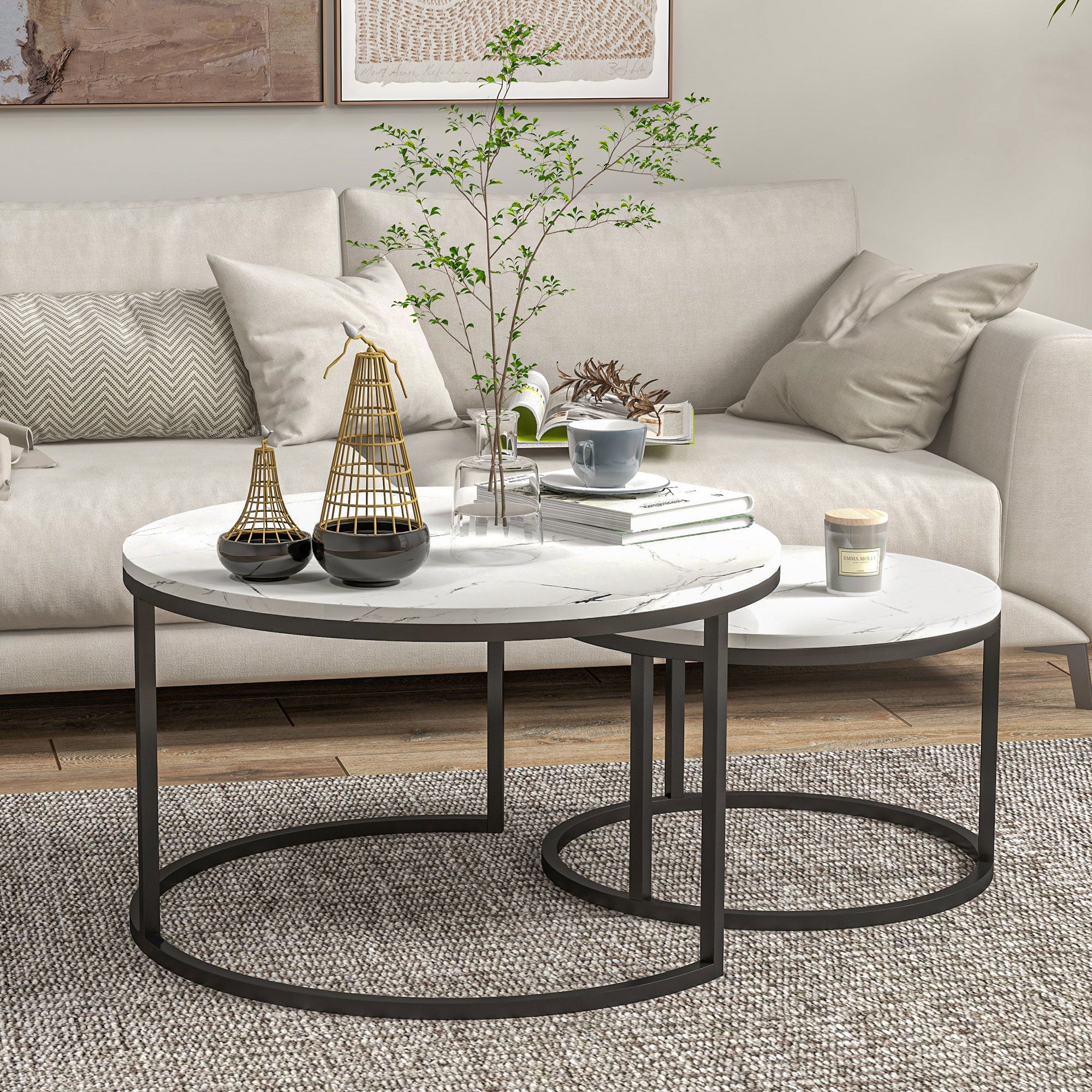 HOMCOM Modern Coffee Table Set of 2, Nesting Side Tables w/ Metal Base for Living Room Bedroom Office Faux Marbled White
