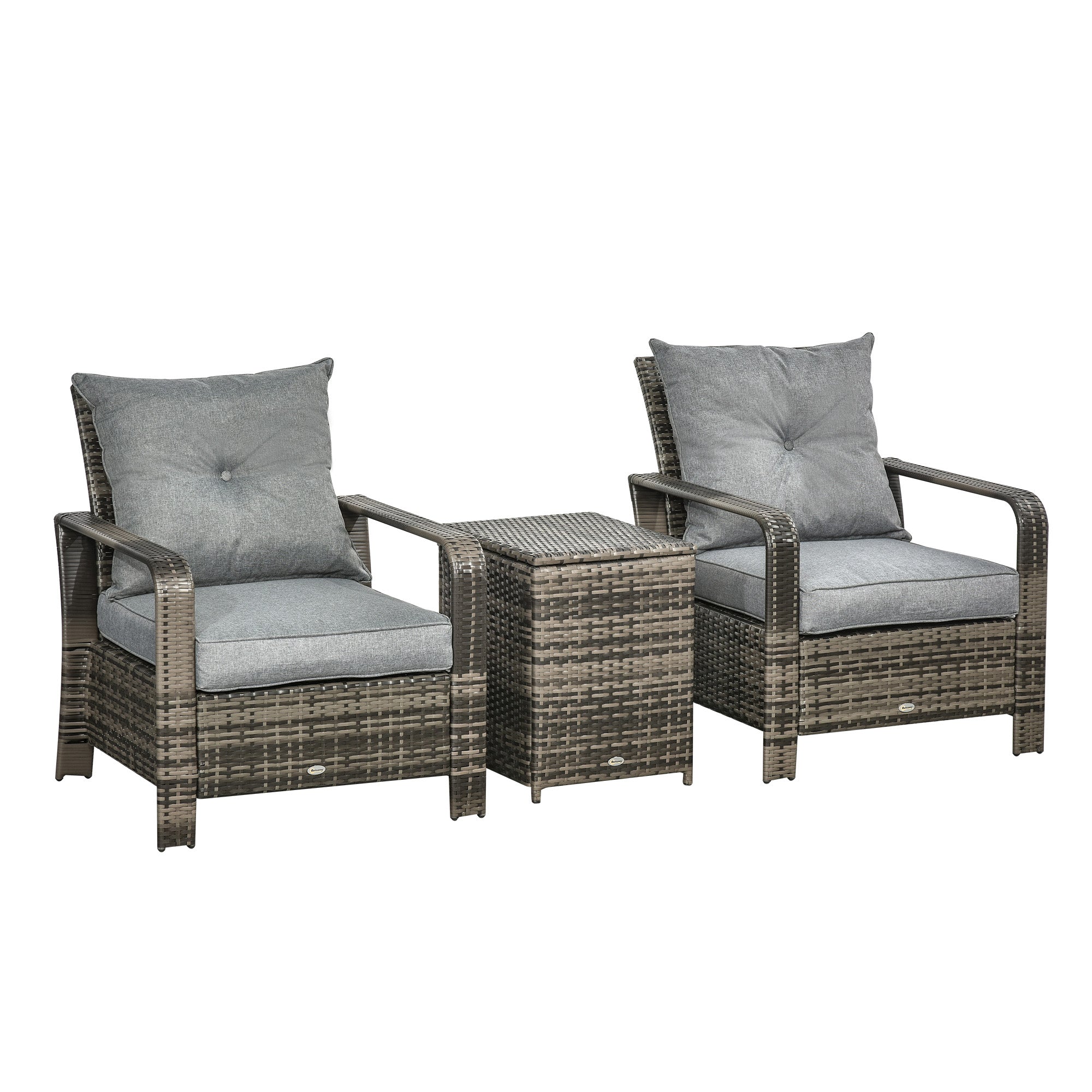 Outsunny 3 Pieces Wicker Patio Furniture Set, Rattan Bistro Set with Storage Coffee Table and Thickened Cushions, Outdoor Conversation Set for Garden, Porch, Balcony, Grey