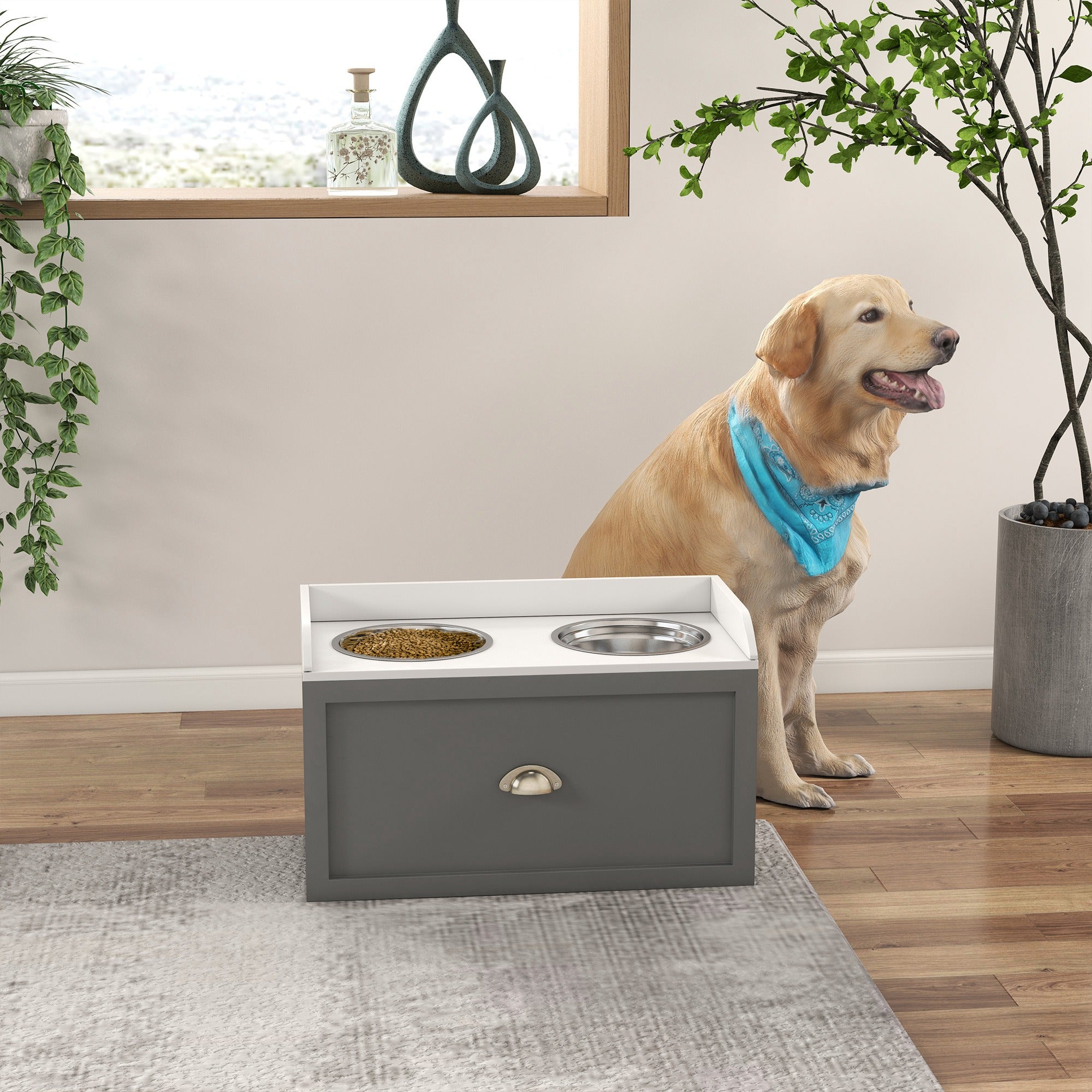 PawHut Large Elevated Dog Bowls with Storage Drawer, Raised Pet Feeding Station with 2 Stainless Steel Bowls, Grey