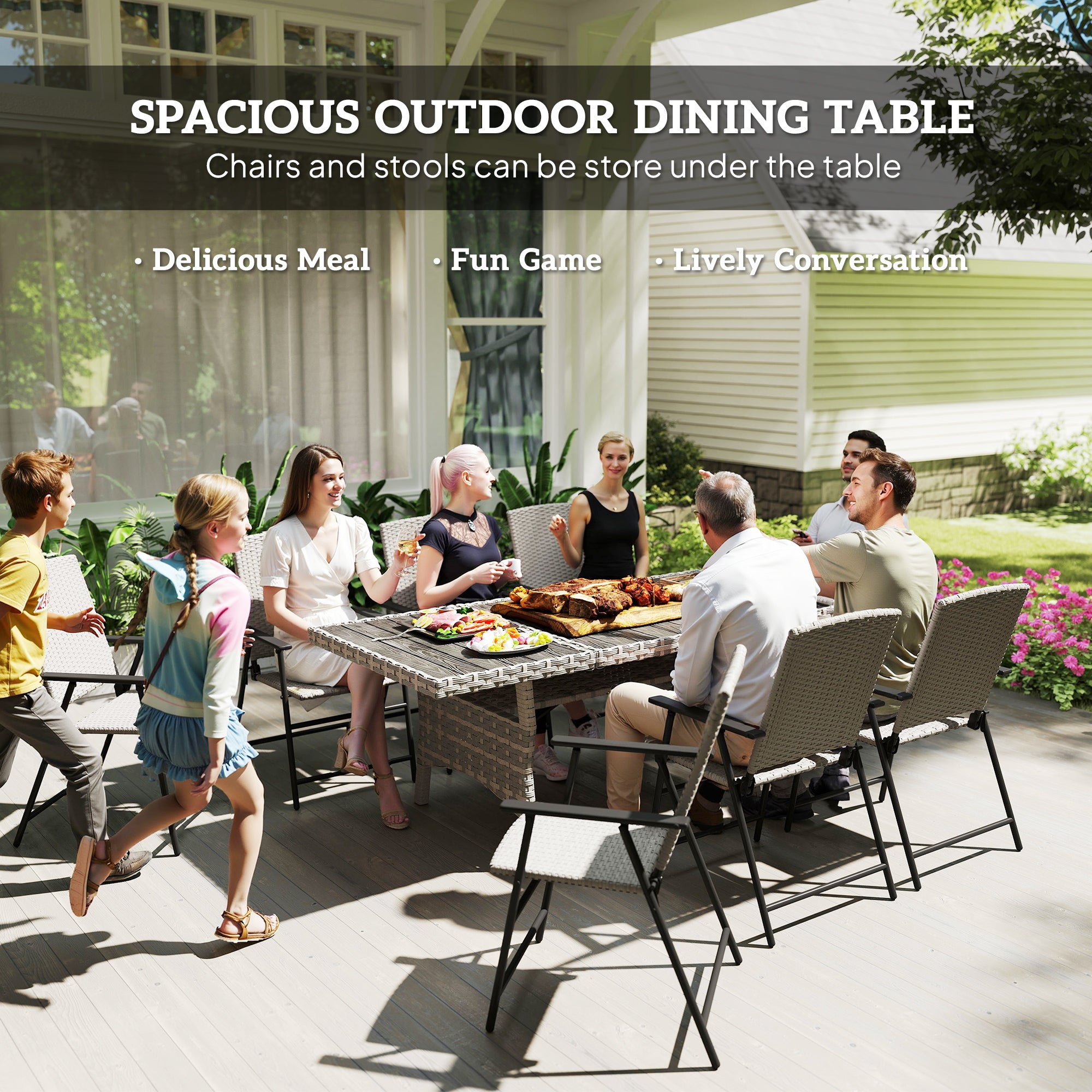 Outsunny 75" Outdoor Dining Table for 6-8, Wicker Patio Table with Storage Shelf and WPC Slatted Top for Balcony, Grey
