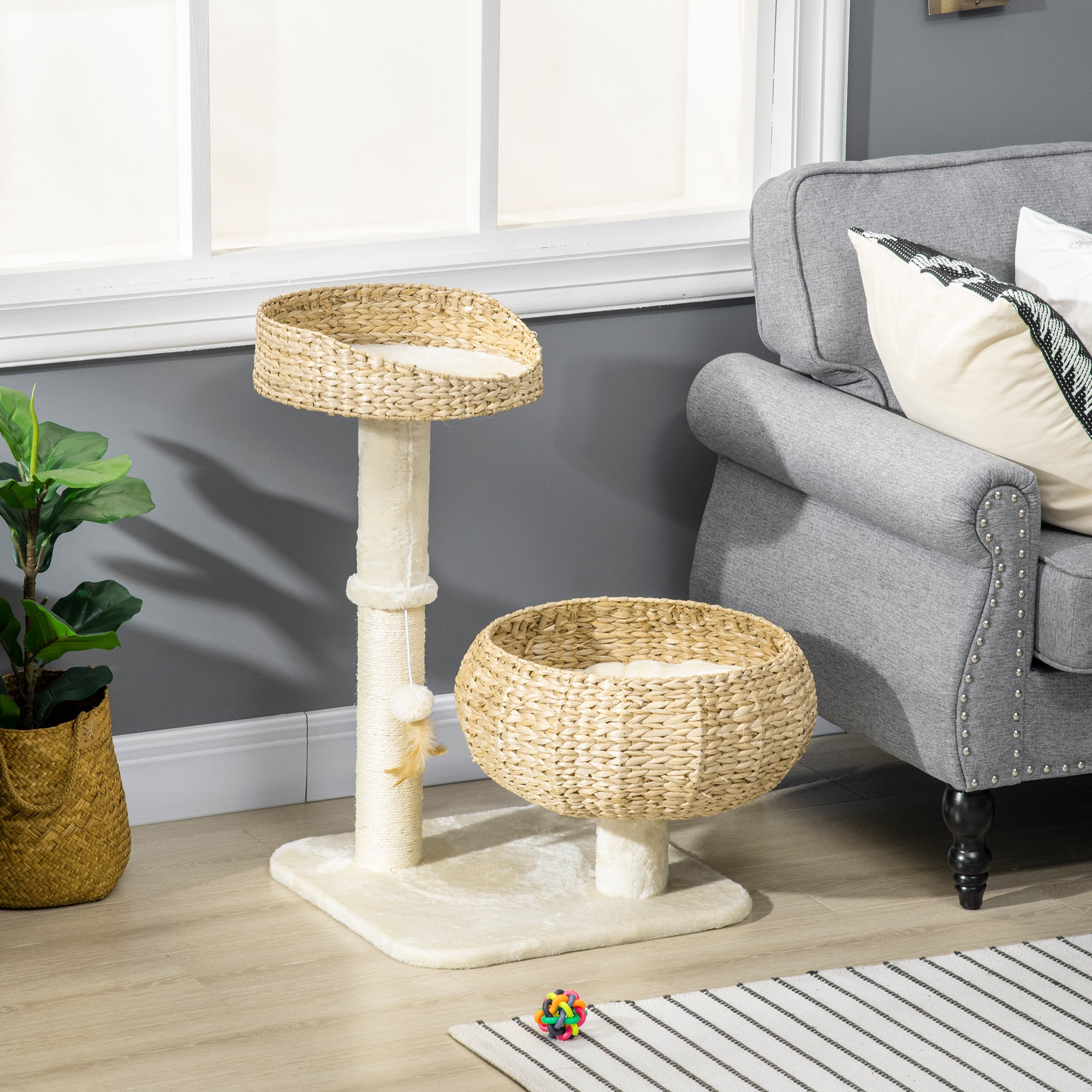 PawHut 28" Cat Tree with Scratching Post, Cat Tower with Double Beds, Beige