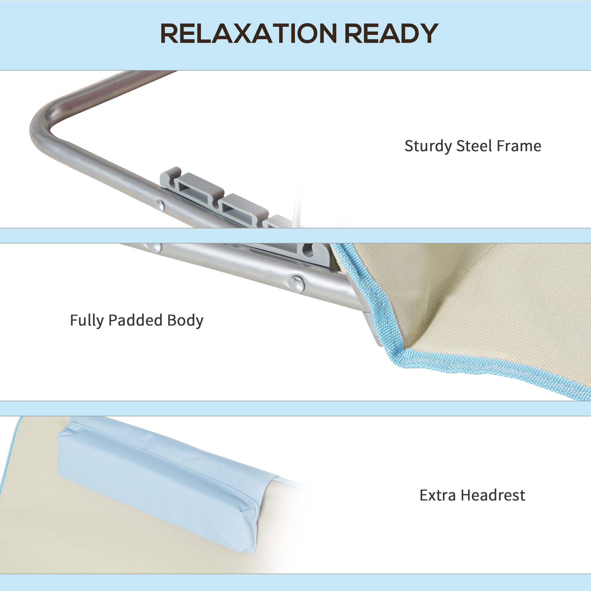 Outsunny Set of 2 Beach Lounge Chair, Folding Ground Beach Mat w/ Adjustable Back, Steel Frame, Head Pillow and Carry Bag, Beige