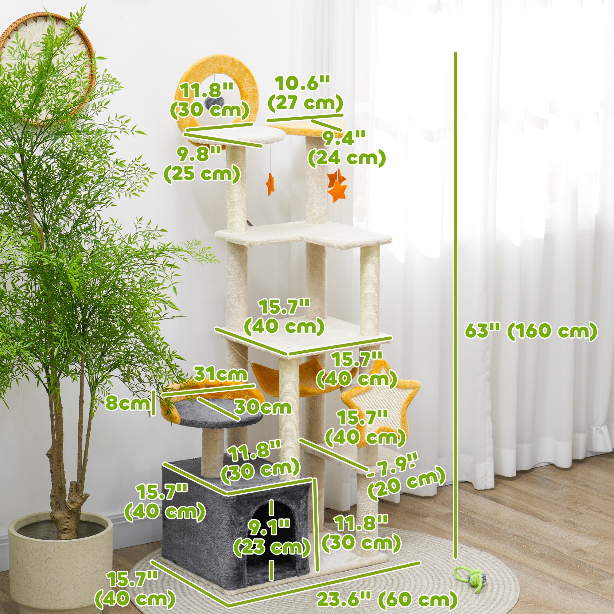 PawHut Star and Moon Themed Cat Tree with Cat Scratching Posts, Cat Condo, Bed, Scratching Board, Cat Toys, Beige