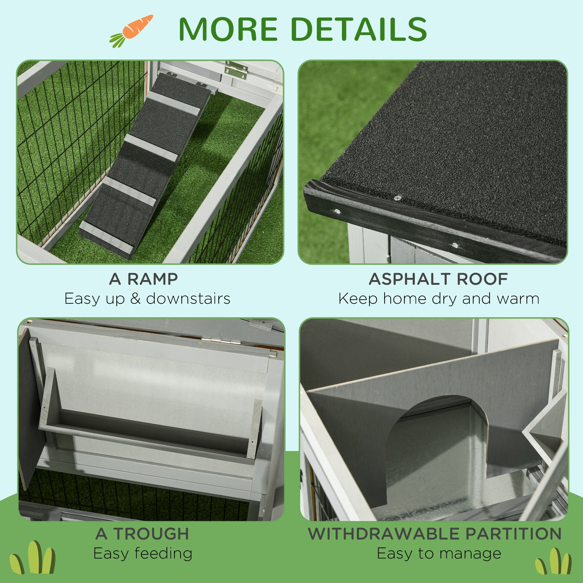 PawHut Wood Rabbit Hutch w/ Ramp, Openable Roof, Pull-out Tray, Light Grey