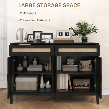 HOMCOM Kitchen Sideboard Cabinet, Boho Buffet Table with Decorative Rattan Doors and Drawers for Dining Room, Black