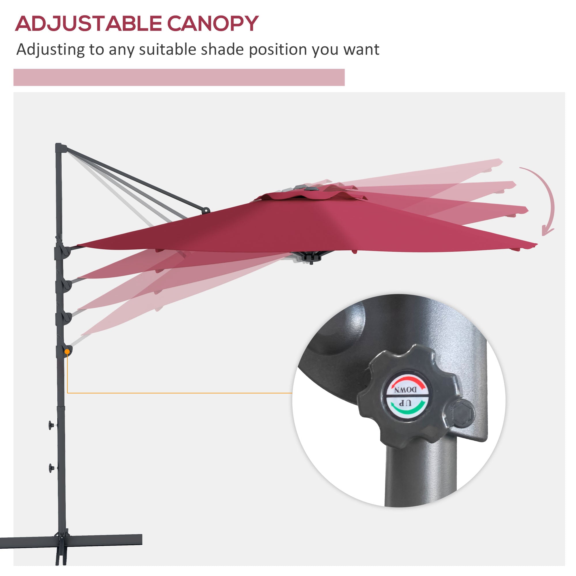 Outsunny 10 FT Cantilever Umbrella, Aluminum Hanging Offset Umbrella with 360°Rotation, Crank, Tilt, Cross Base, Red