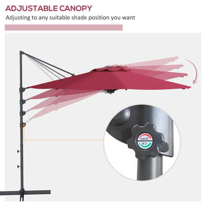 Outsunny 10 FT Cantilever Umbrella, Aluminum Hanging Offset Umbrella with 360°Rotation, Crank, Tilt, Cross Base, Red