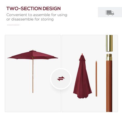 Outsunny 10' x 8' Bamboo Wooden Round Market Patio Sun Umbrella Garden Parasol Outdoor Sunshade Canopy, Wine Red