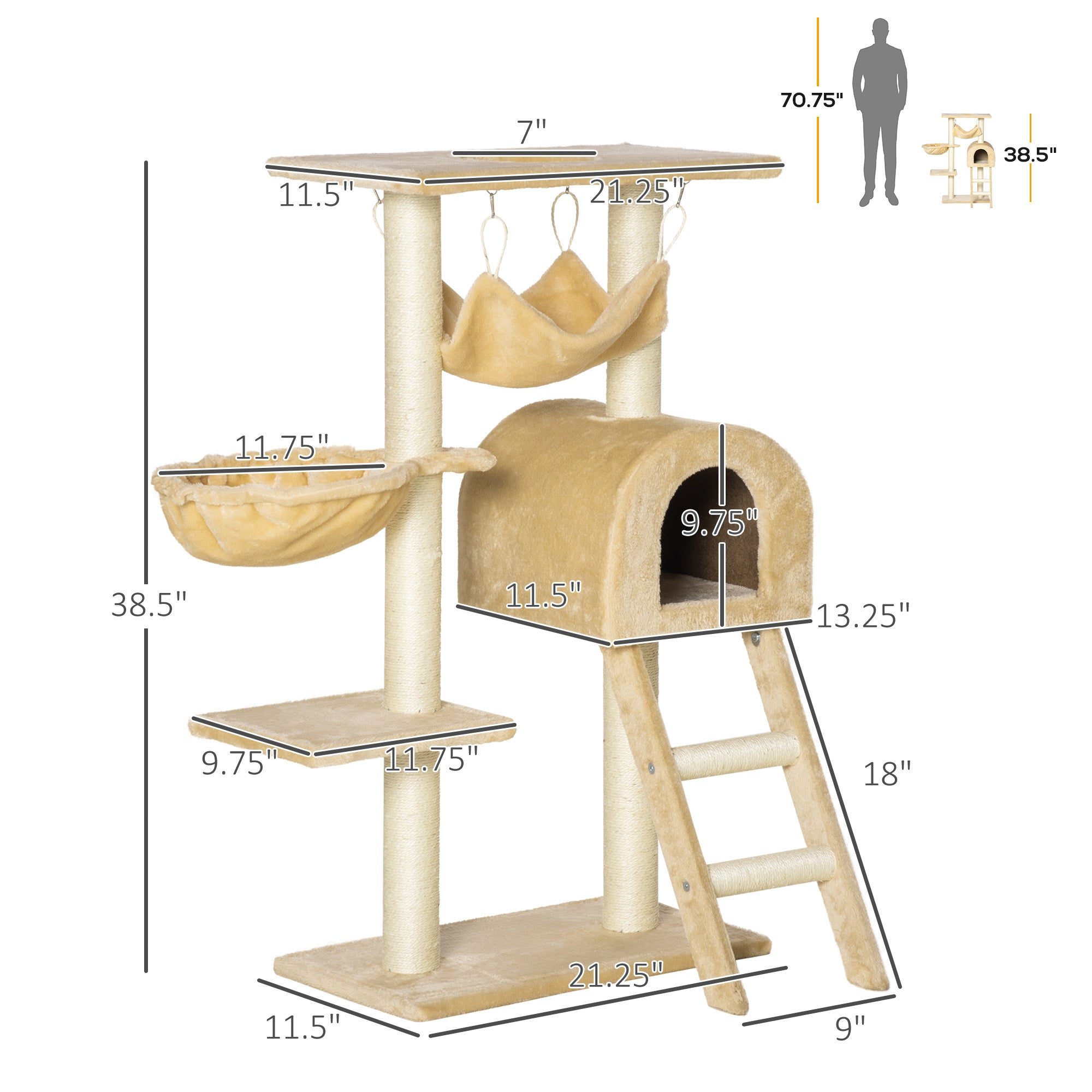 PawHut 39" Deluxe Cat Tree Tower Scratching Post Kitten Condo Activity Center Deep Cream