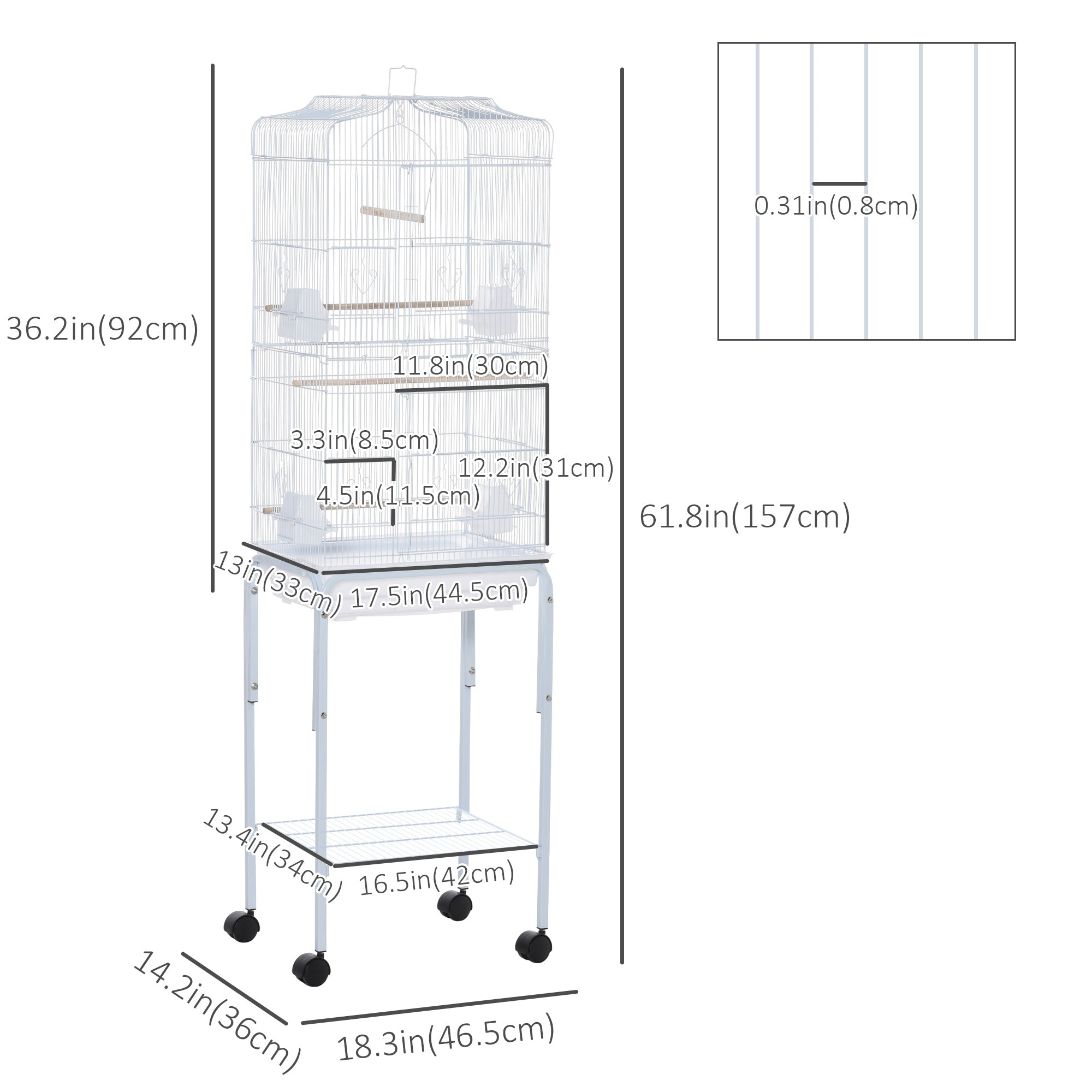 PawHut 62" Rolling Bird Cage Cockatoo House Play Top Finch Pet Supply with Storage Shelf, Wheels - White