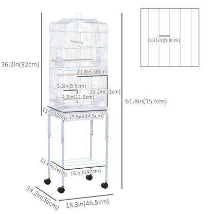 PawHut 62" Rolling Bird Cage Cockatoo House Play Top Finch Pet Supply with Storage Shelf, Wheels - White