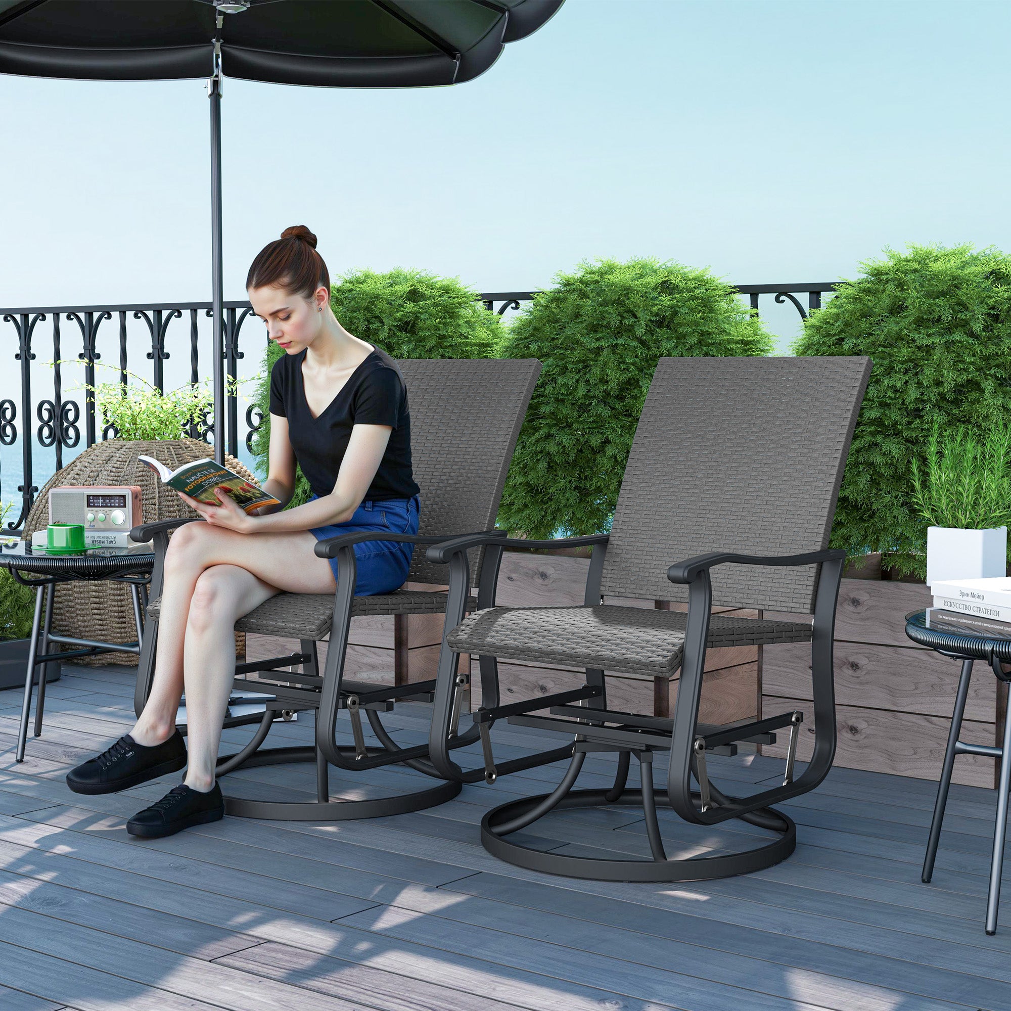 Outsunny Set of 2 Rattan Patio Glider, Wicker Outdoor Glider Swivel Chair with Steel Frame, High Back for Backyard Porch, Grey
