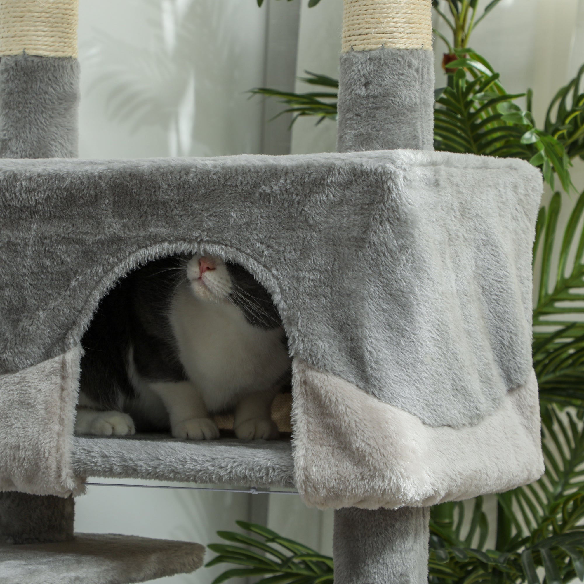 PawHut 53" Cat Tree Scratching Large Kitten Play House Multi-Level Activity Center Pet Furniture, Grey