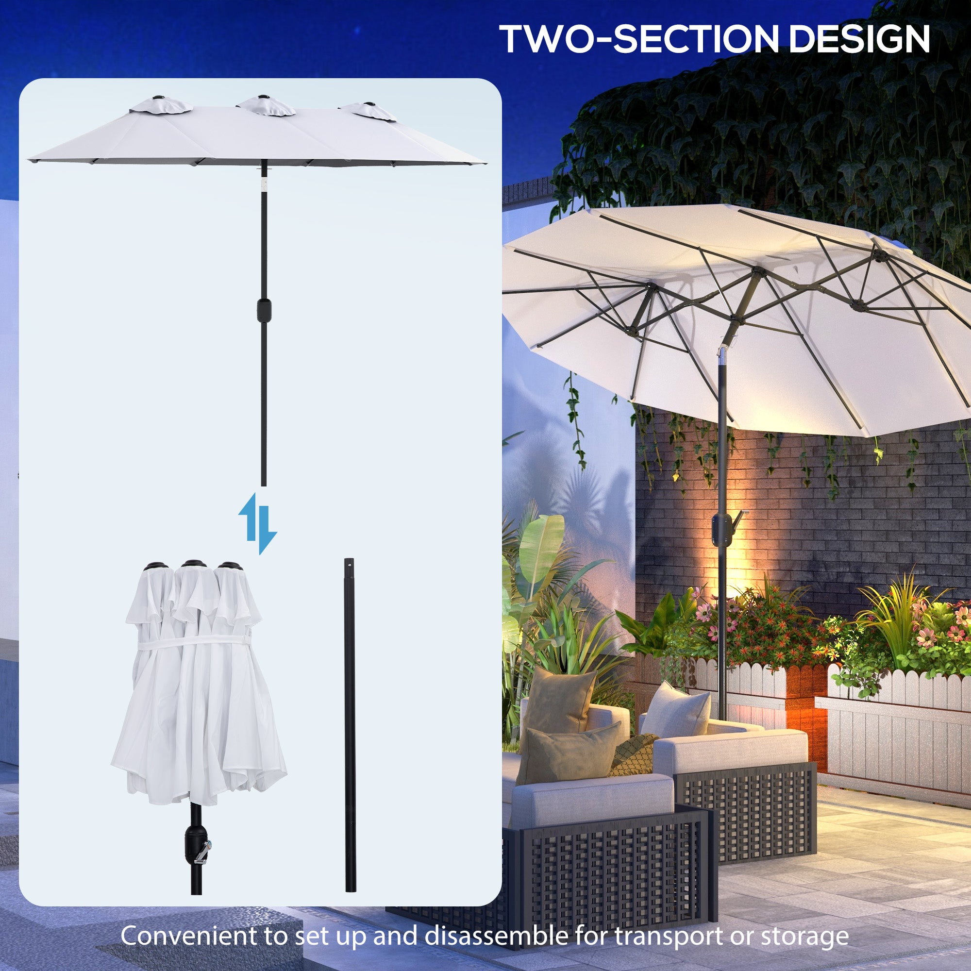 Outsunny 9.7' Double-sided Outdoor Patio Umbrella with Tilt, Crank and Vents, Cream White