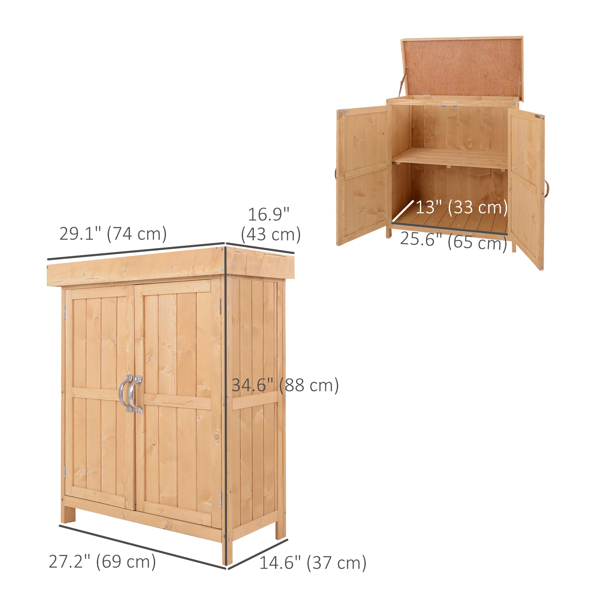 Outsunny Wooden Garden Tool Storage Shed Kit with Hinged Roof, 2-Tier Shelves and Double Doors, 74x43x88cm, Natural Wood