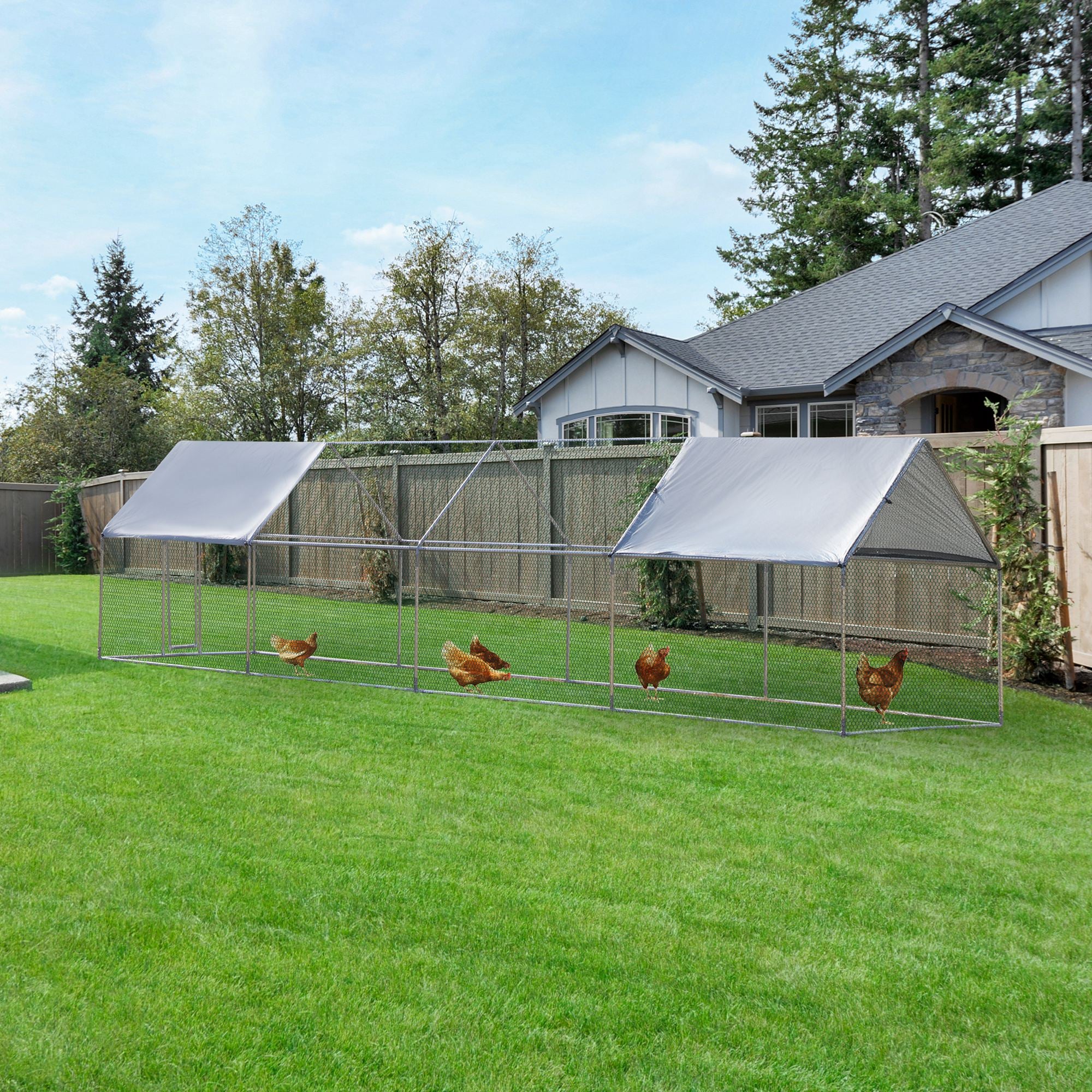 PawHut 9.8' x 26.2' Metal Chicken Coop, Galvanized Walk-in Hen House, Poultry Cage with 1.25" Tube, Waterproof UV-Protection Cover for Rabbits, Ducks