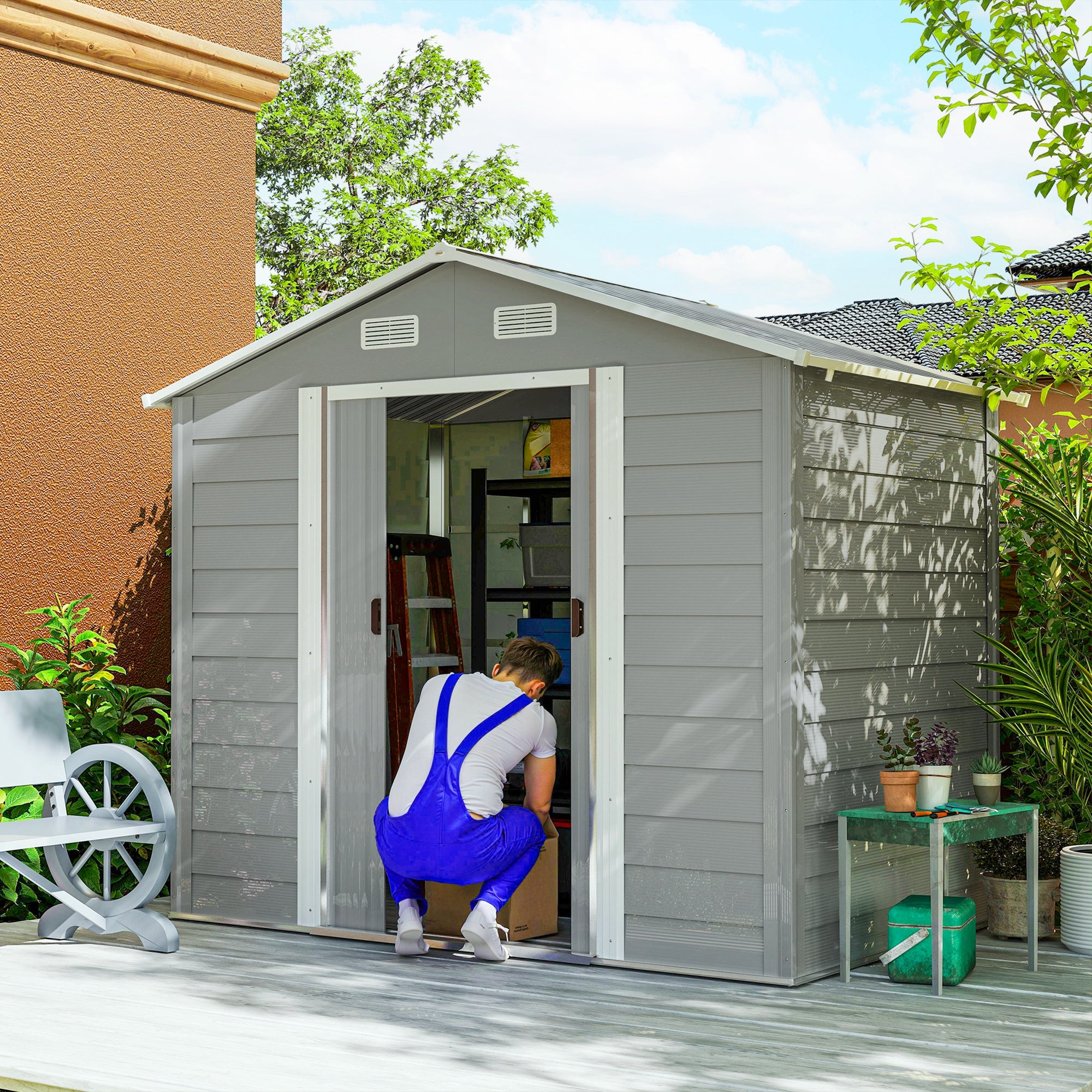 Outsunny 7.7' x 6.5' Outdoor Metal Garden Shed House Hut Gardening Tool Storage with Ventilation, Light Grey