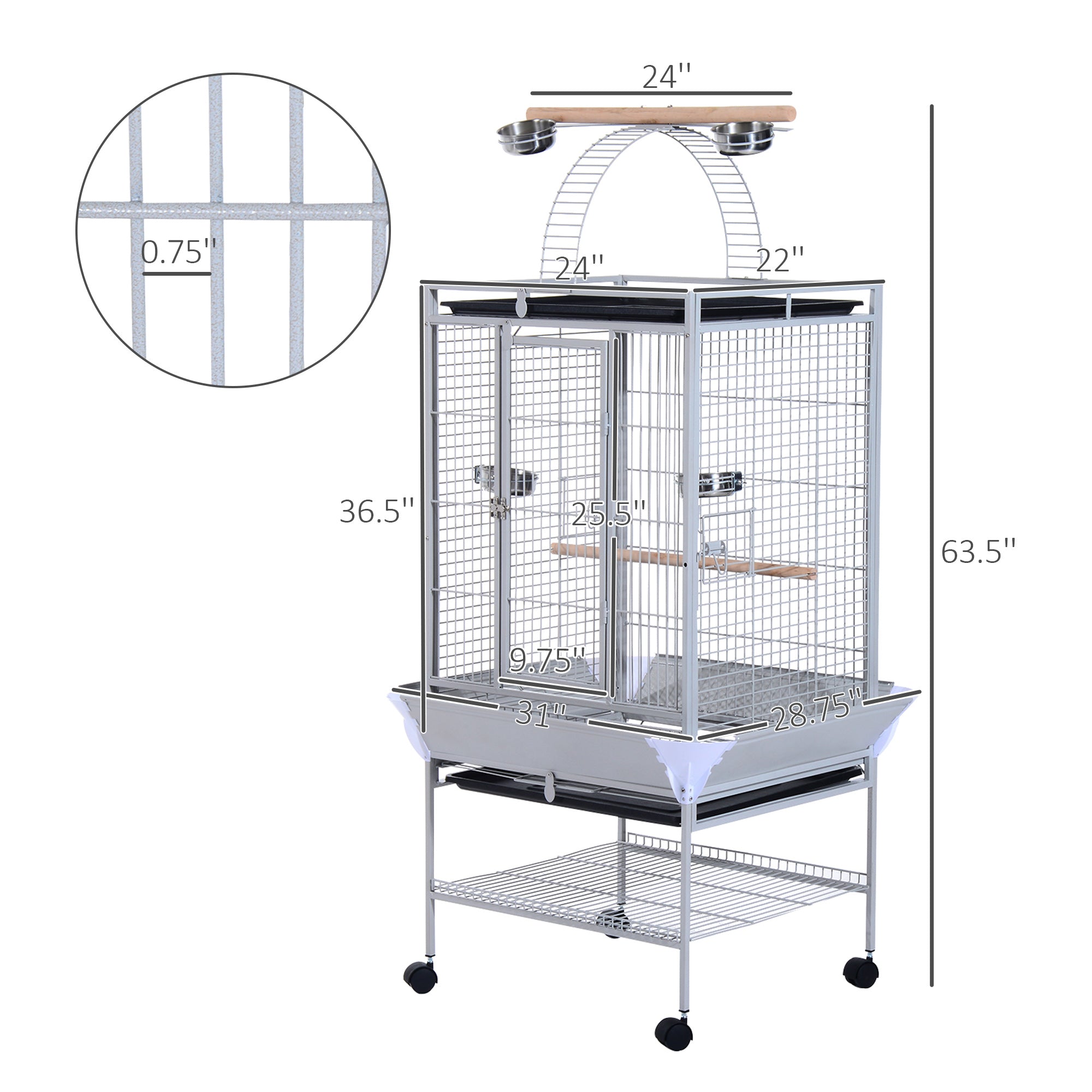 PawHut 63" Large Bird Parrot Cage Stand Finch Feeder Play Top House Perch Bowl Wheels, Silver