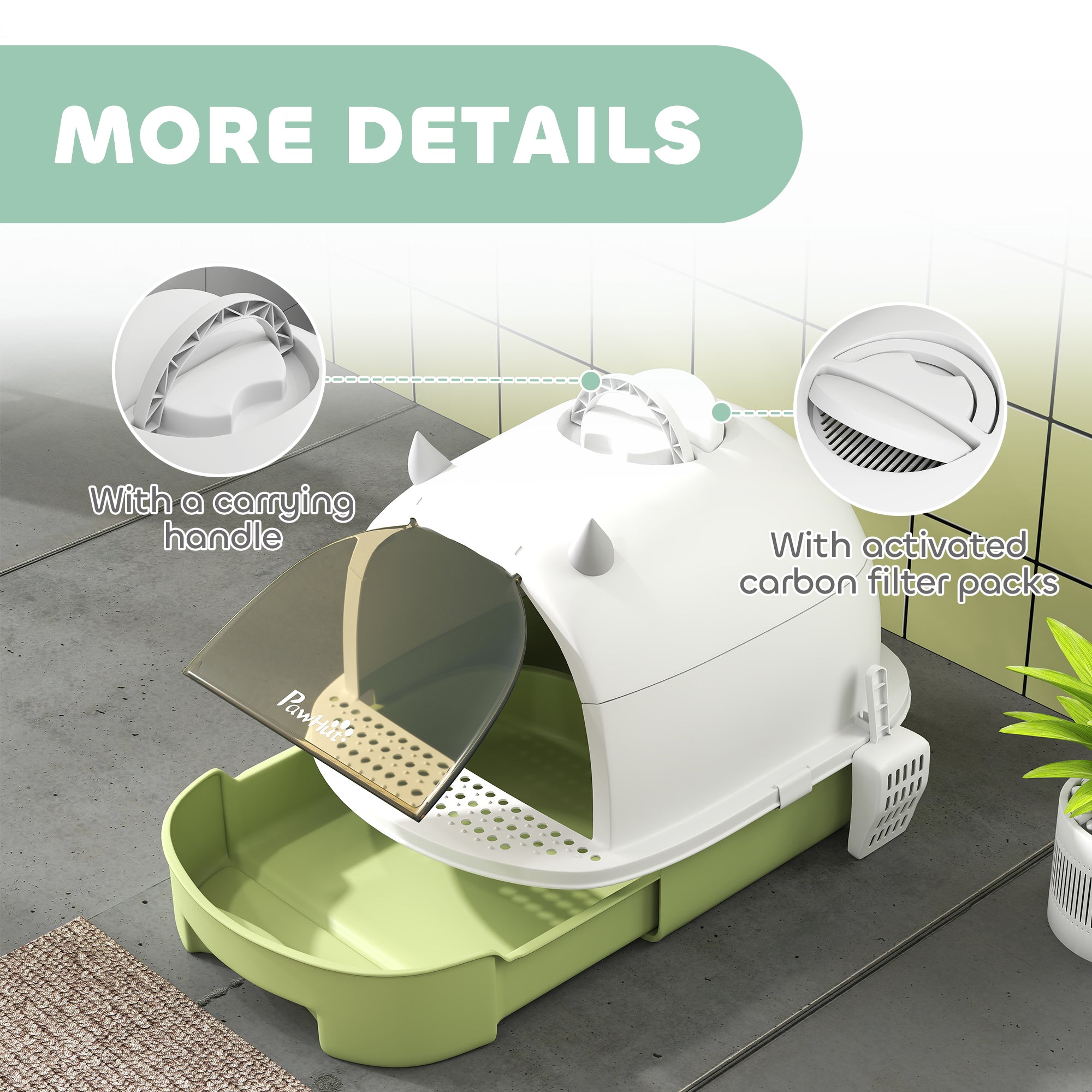 PawHut Cat Litter Box with Lid, Front Door Flap, Scoop, Handle, Easy Clean, for Small and Medium Cats, Green