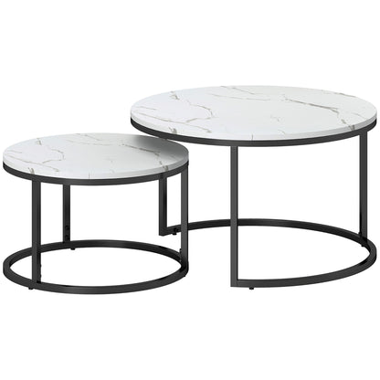 HOMCOM Modern Coffee Table Set of 2, Nesting Side Tables w/ Metal Base for Living Room Bedroom Office Faux Marbled White