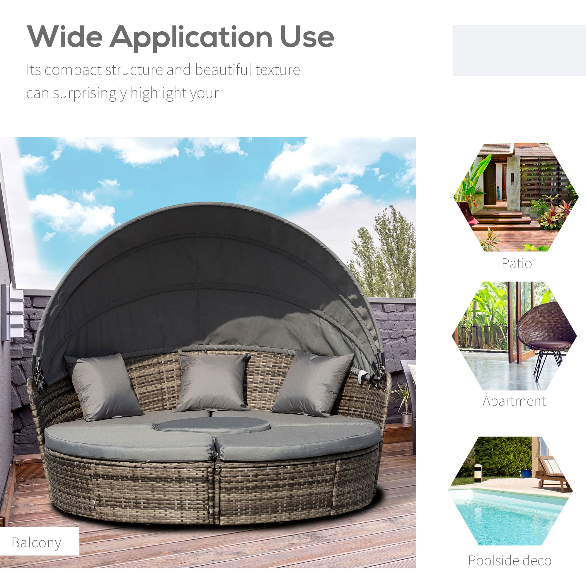 Outsunny 4 Pieces Outdoor Daybed with Retractable Canopy, PE Rattan Wicker Round Sofa Day Bed, Patio Sectional  Conversation Furniture Set with Cushions and Pillows, Grey