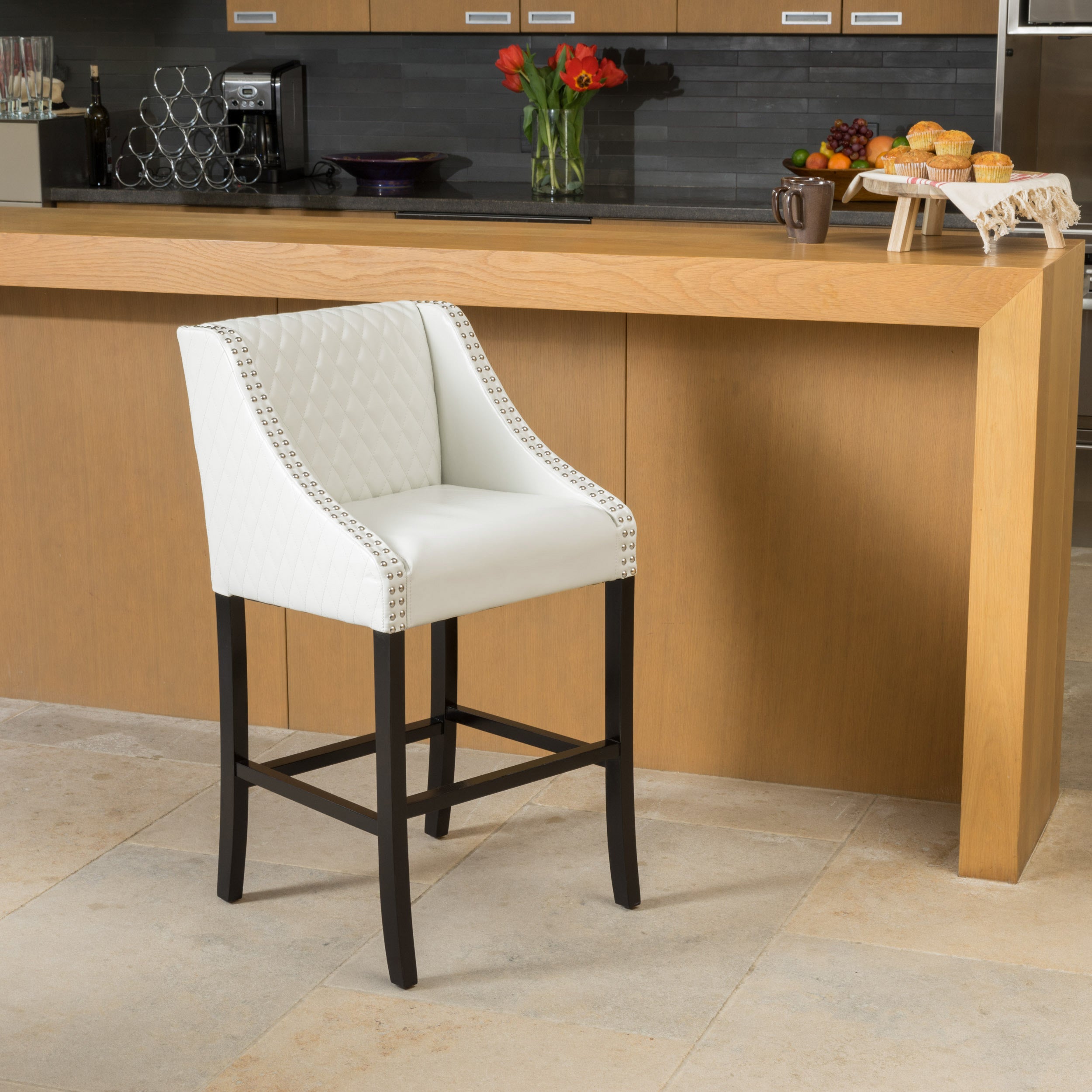 Elegant Barstool with Quilted Bonded Leather, Sturdy Wooden Legs, Curved Armrests, No Assembly Required, 21" L x 22" W x 38.5" H, Ivory
