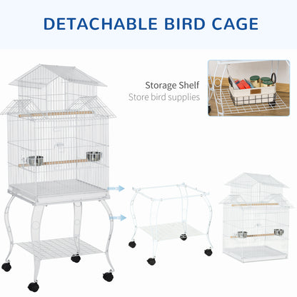 PawHut 53.9'' Large Rolling Steel Bird Cage Bird House with Detachable Rolling Stand, Storage Shelf, Wood Perch, Food Container, White