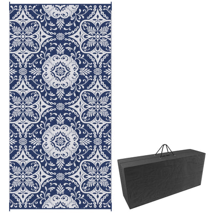 Outsunny Portable Outdoor Rug with Carry Bag, 9' x 18' Reversible Mat, Waterproof Plastic Straw RV Rug for Backyard, Deck, Picnic, Beach, Camping, Blue & White Flower