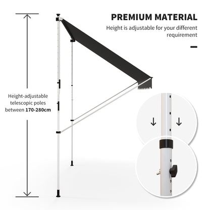 Outsunny 10x5ft Manual Retractable Awning, Patio Sun Shade Canopy Shelter with 5.6-9.2ft Support Pole, Water Resistant UV Protector, for Window, Door, Porch, Deck, Grey