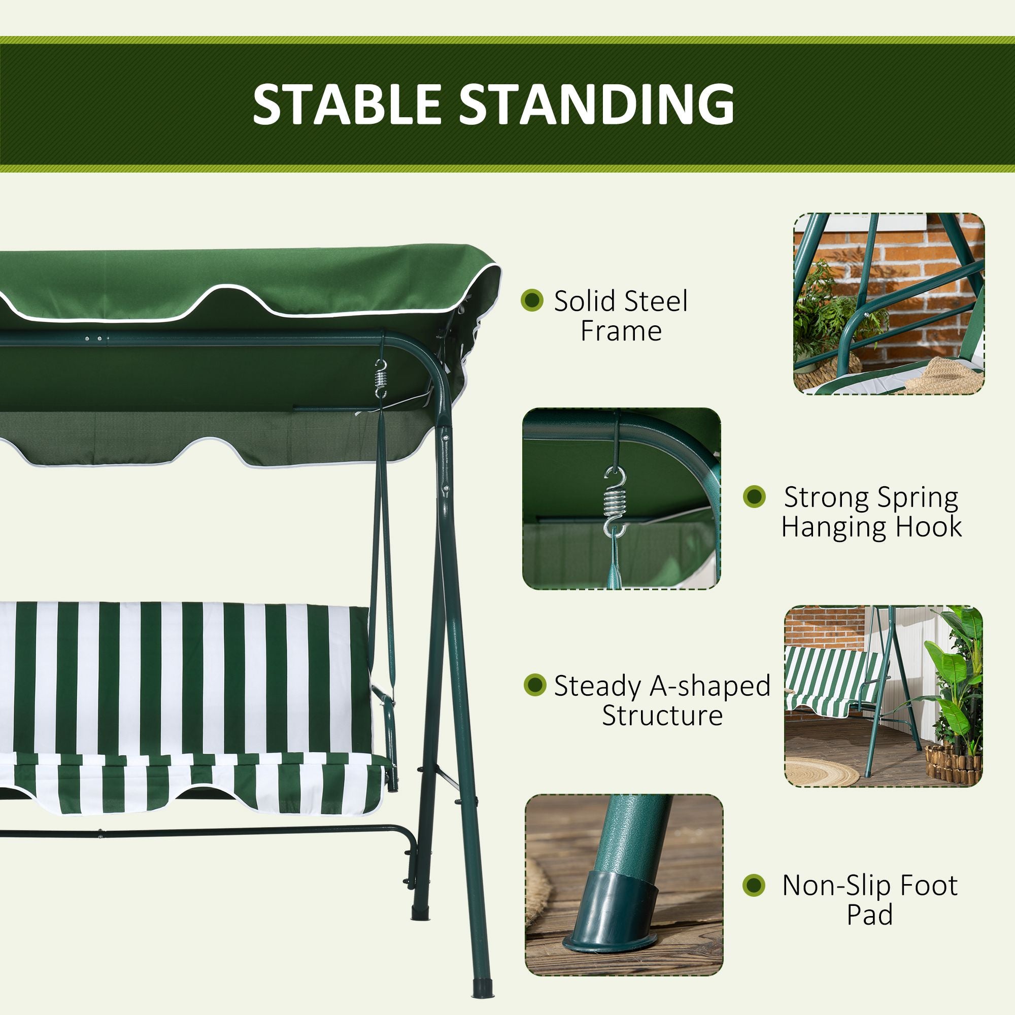Outsunny 3-Seater Outdoor Porch Swing with Adjustable Canopy, Patio Swing Chair for Garden, Poolside, Backyard, Green and White