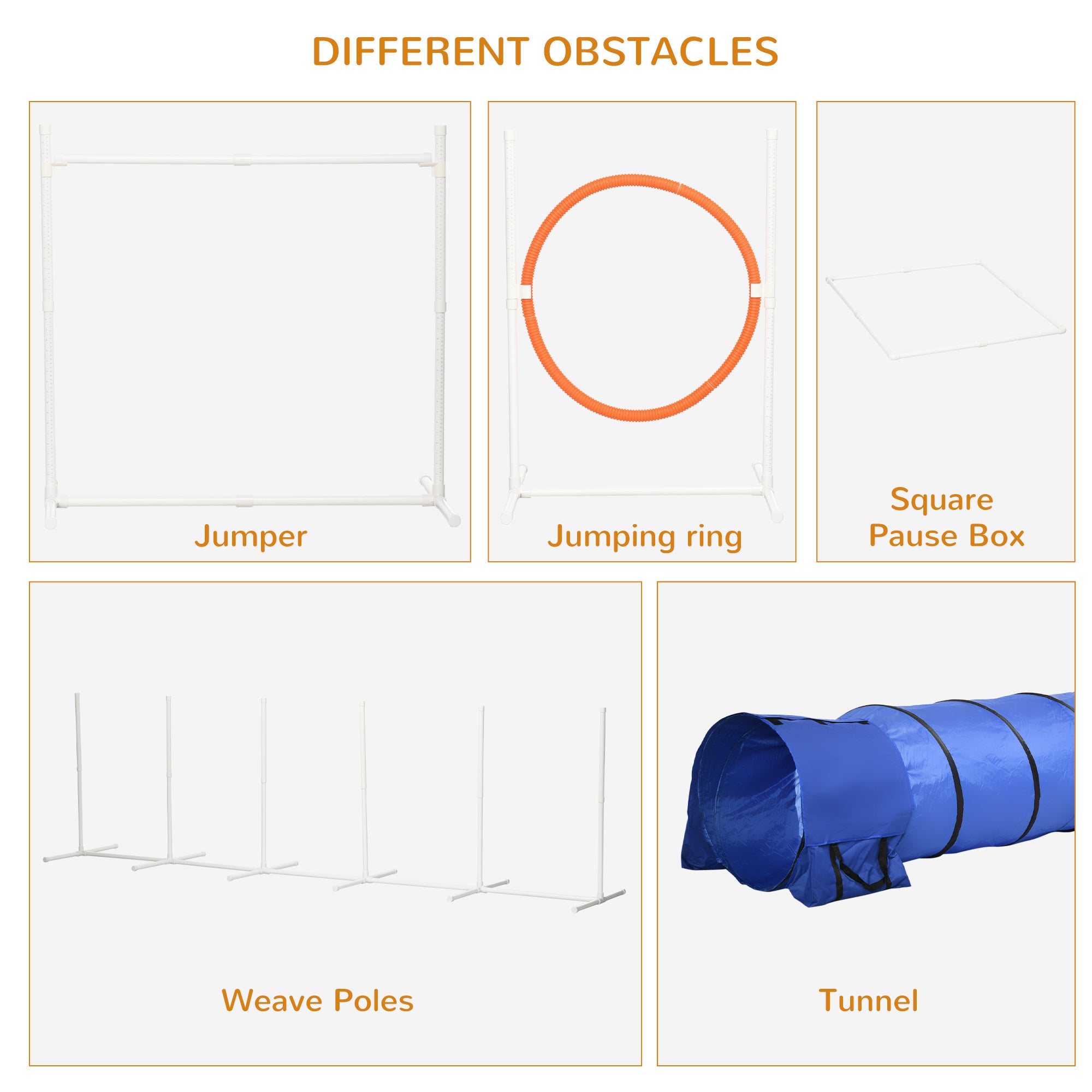 PawHut 5Pcs Dog Agility Training Equipment with 8.7KG Net Weight, Pet Agility Set with Tunnels, Adjustable Jump Ring, Jumper, Weave Poles, Square Pause Box, Carrying Bag, Whistle