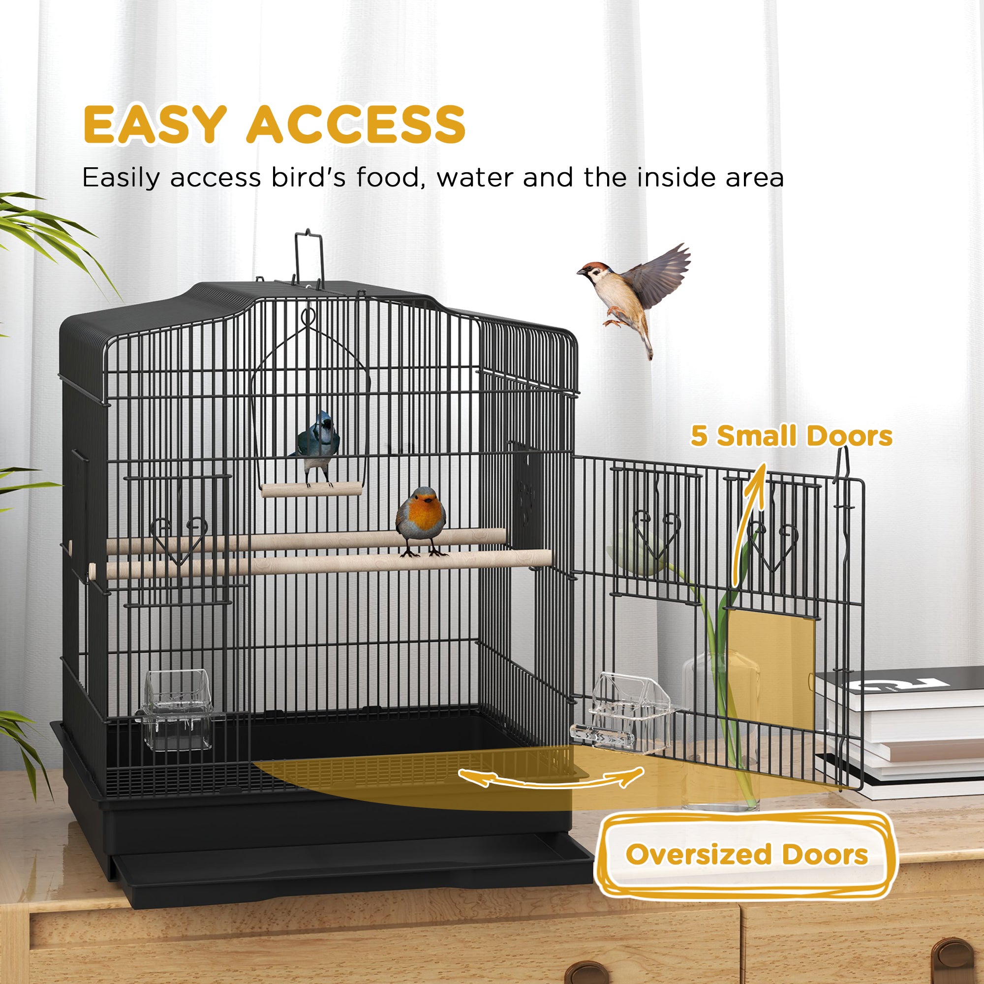 PawHut 23" Bird Cage, Finches Canaries, Parrot Cage with Doors Perches, 2 Feeder Pet Supplies, Black