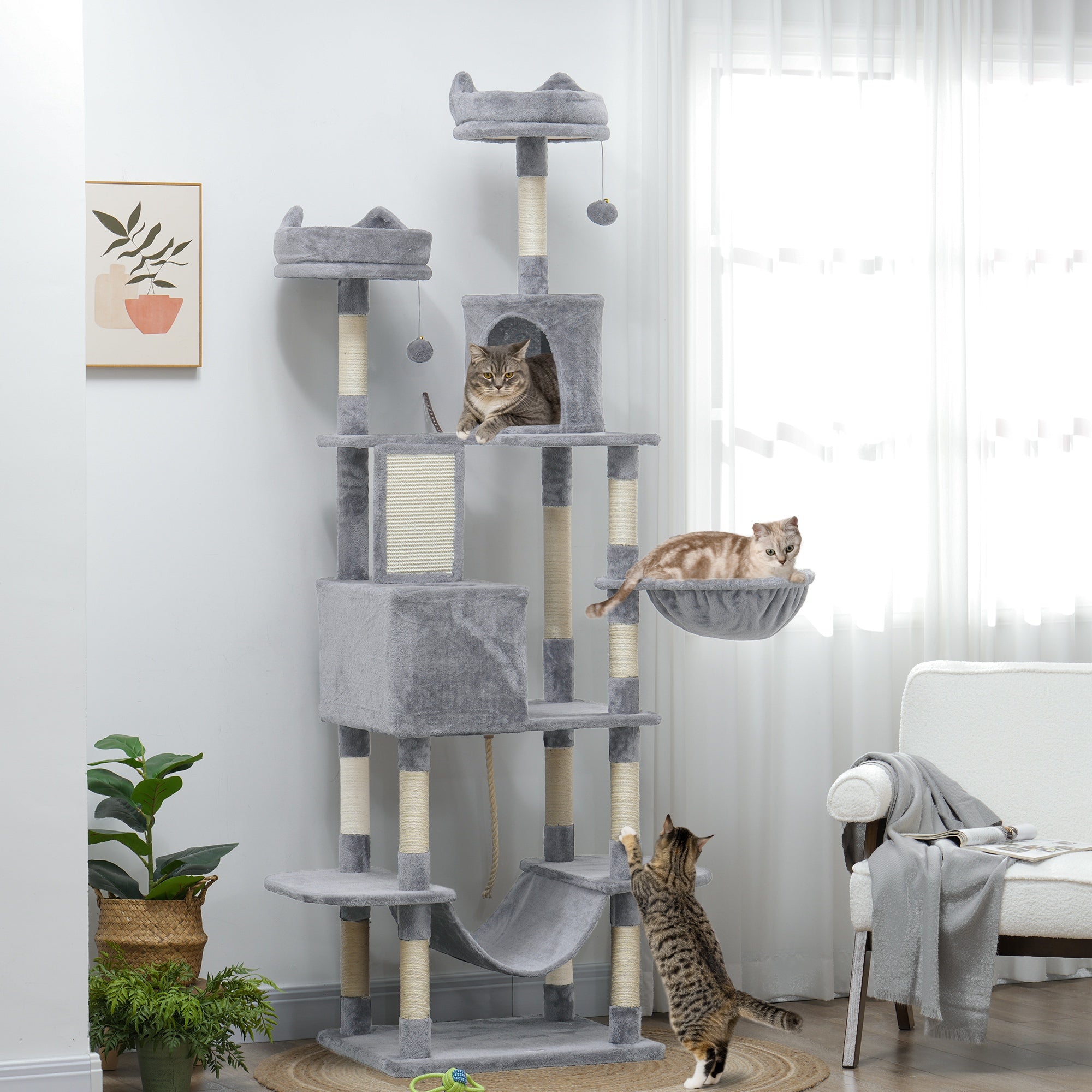 PawHut 81" Large Cat Tree w/ Scratching Posts, Condos, Beds, Hammocks, Jumping Platforms, Toy Balls, Rope Cat Toy, Light Grey