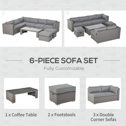 Outsunny 6 PCs Rattan Corner Sofa Set Outdoor Conservatory Furniture Grey