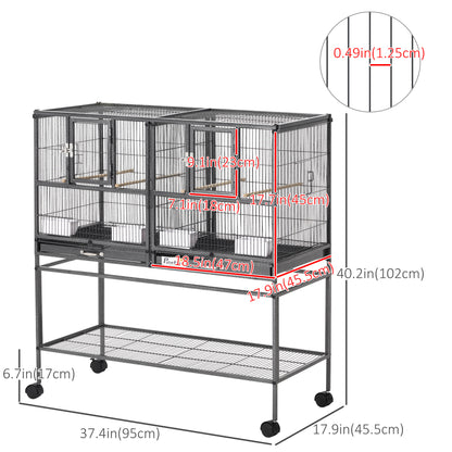 PawHut Large Double Rolling Metal Bird Cage Bird House w/ Removable Tray Storage Shelf