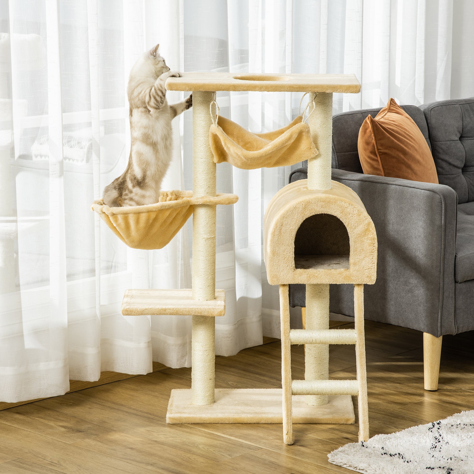 PawHut 39" Deluxe Cat Tree Tower Scratching Post Kitten Condo Activity Center Deep Cream