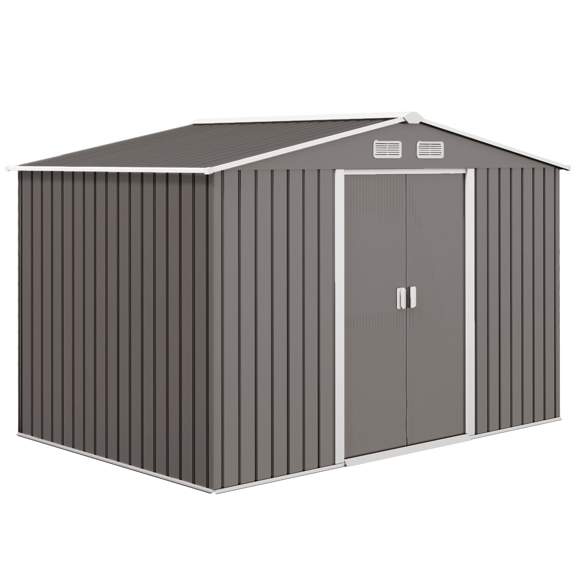 Outsunny 9.1'x6.4'x6.3' Garden Storage Shed w/ Foundation Kit Metal Tool Storage House w/ Double Doors Grey